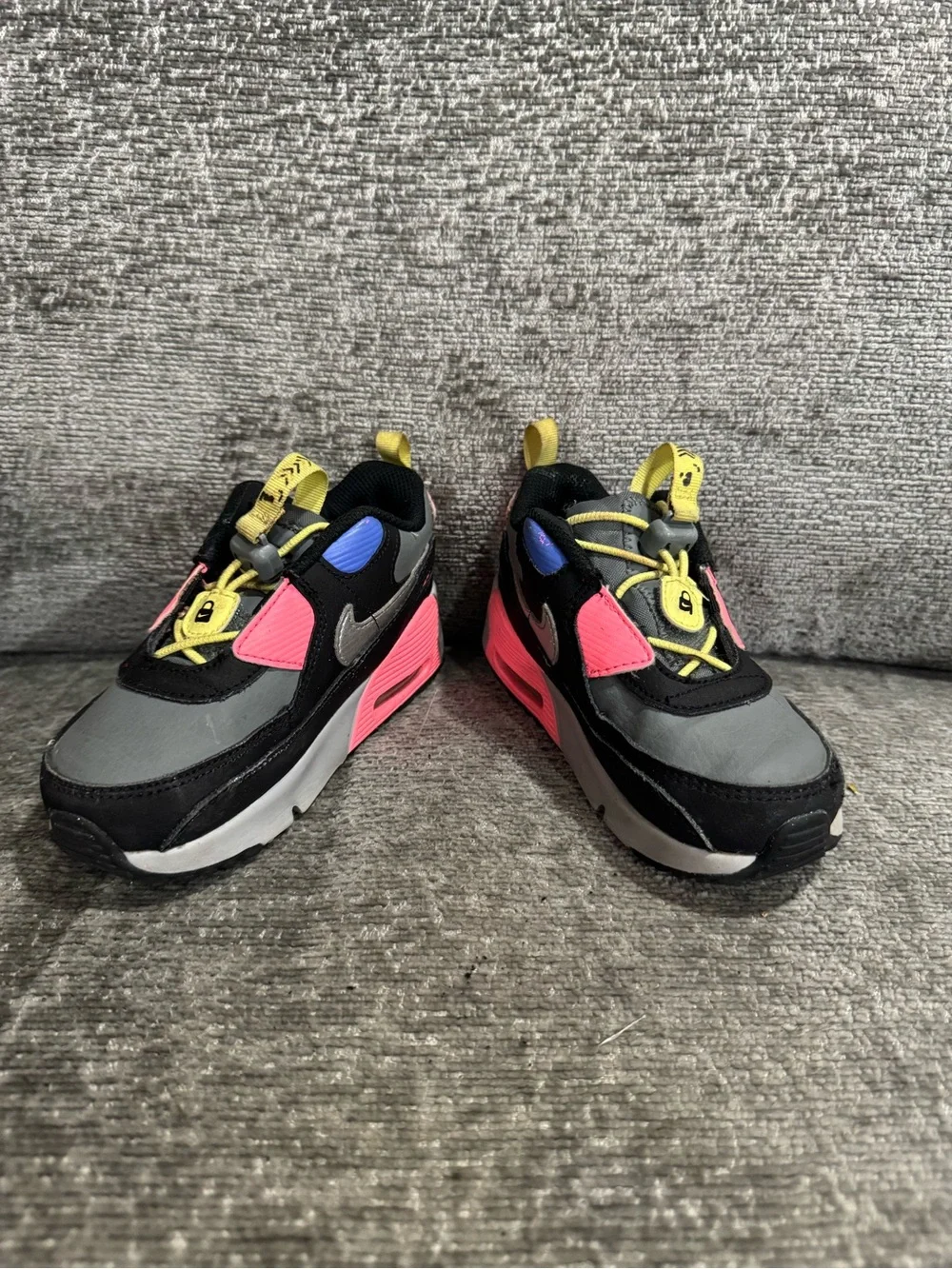 Nike Air Max 90 Toggle Athletic Sneakers in Black, Gray & Pink Yellow Accent 9C